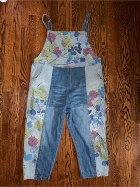 Floral Patchwork Denim Women’s Overalls - Blue
